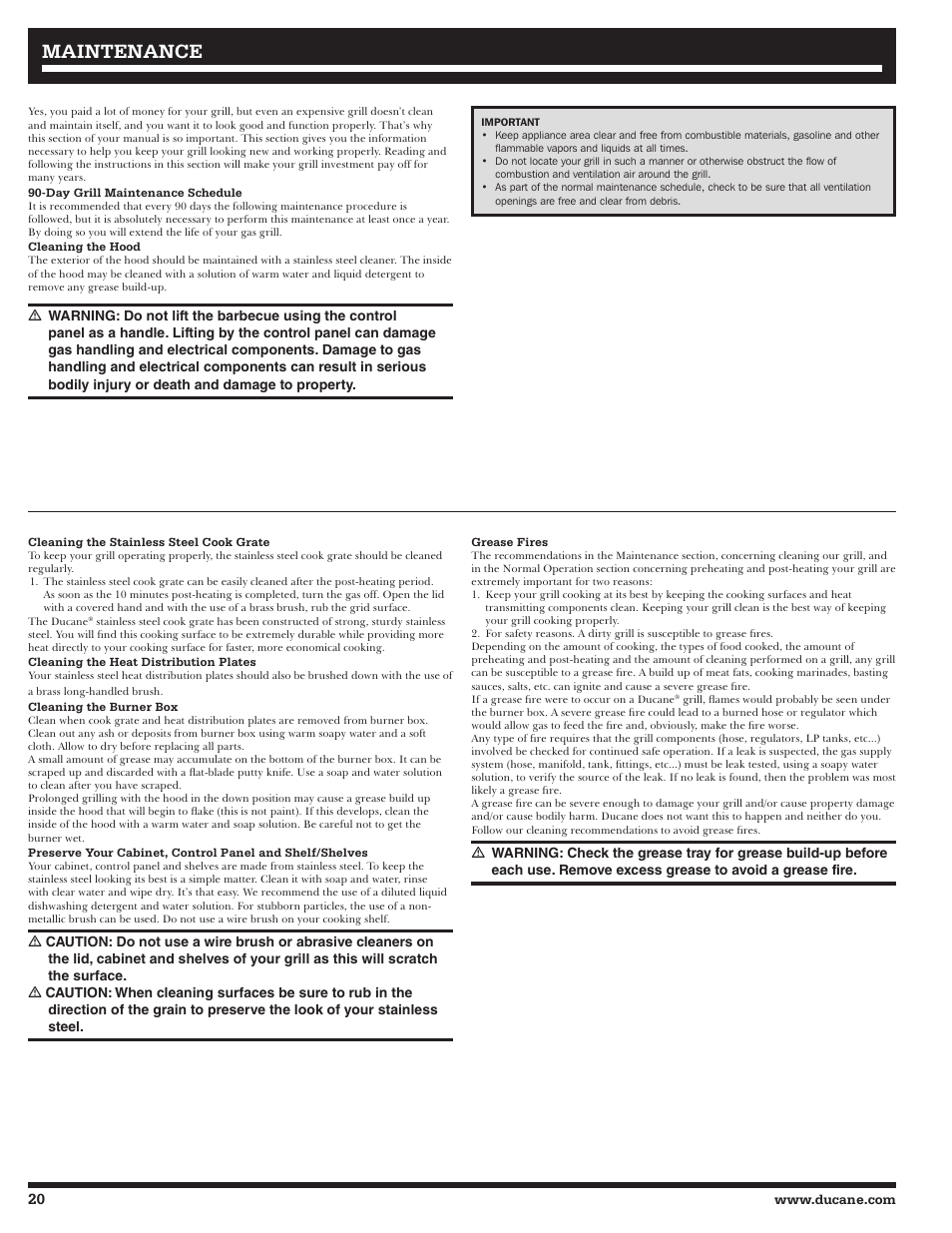 Maintenance | Ducane LP Gass Grill 3200 User Manual | Page 20 / 56