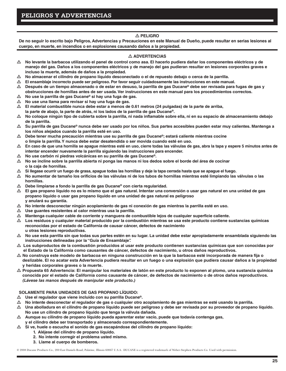 Peligros y advertencias | Ducane LP Gass Grill 3200 User Manual | Page 25 / 56