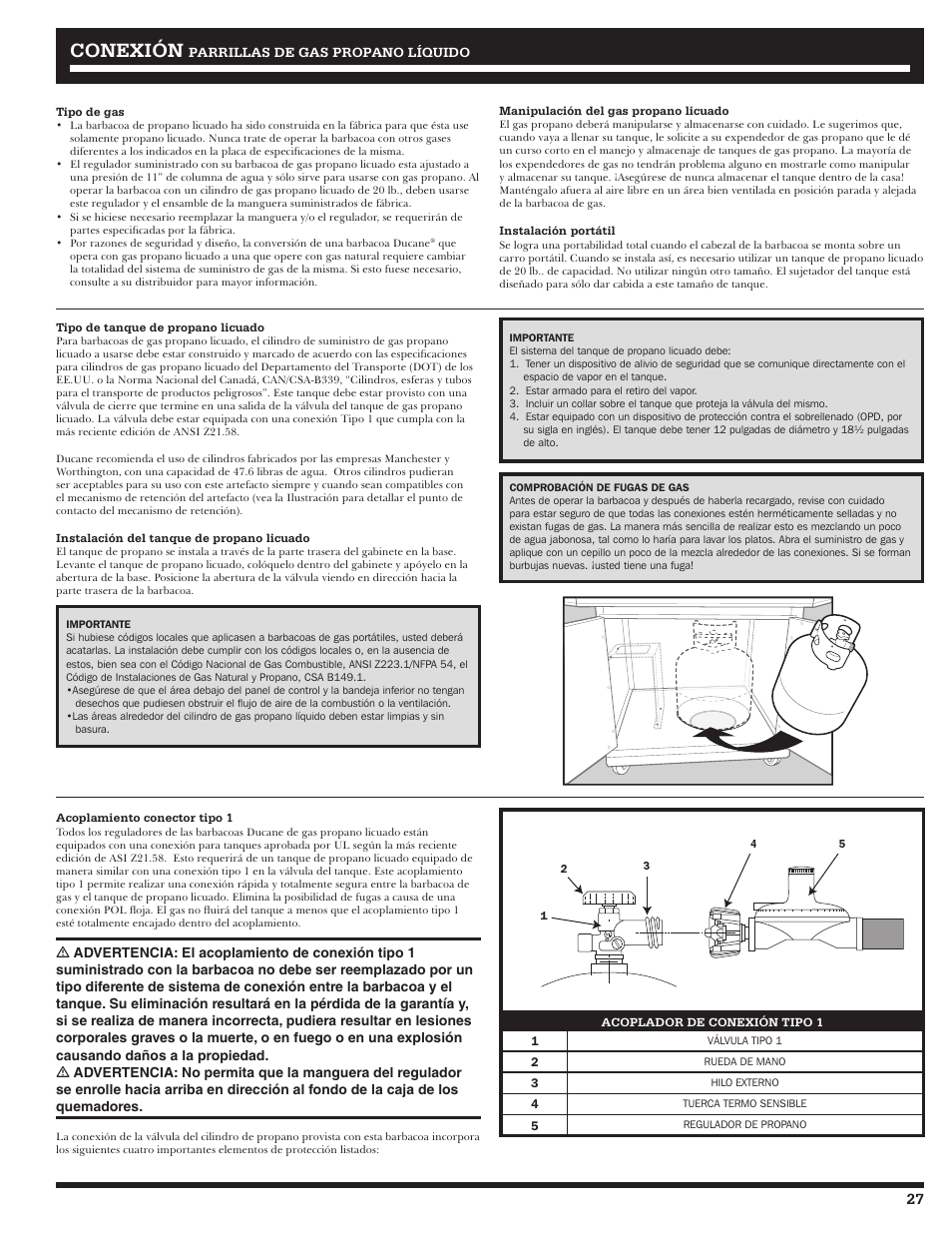 Conexión | Ducane LP Gass Grill 3200 User Manual | Page 27 / 56