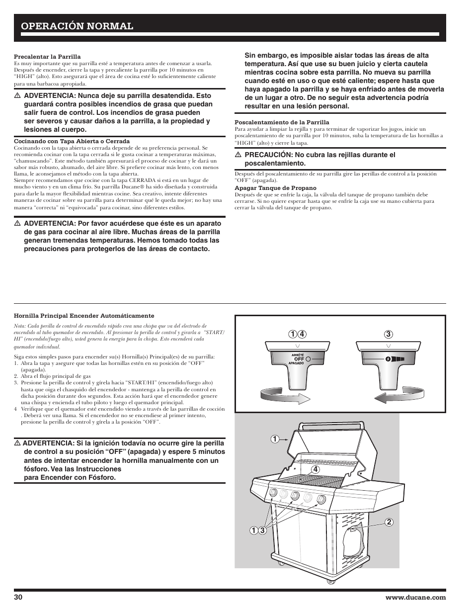 Operación normal | Ducane LP Gass Grill 3200 User Manual | Page 30 / 56