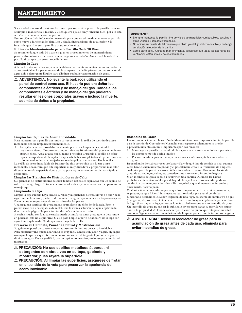Mantenimiento | Ducane LP Gass Grill 3200 User Manual | Page 35 / 56
