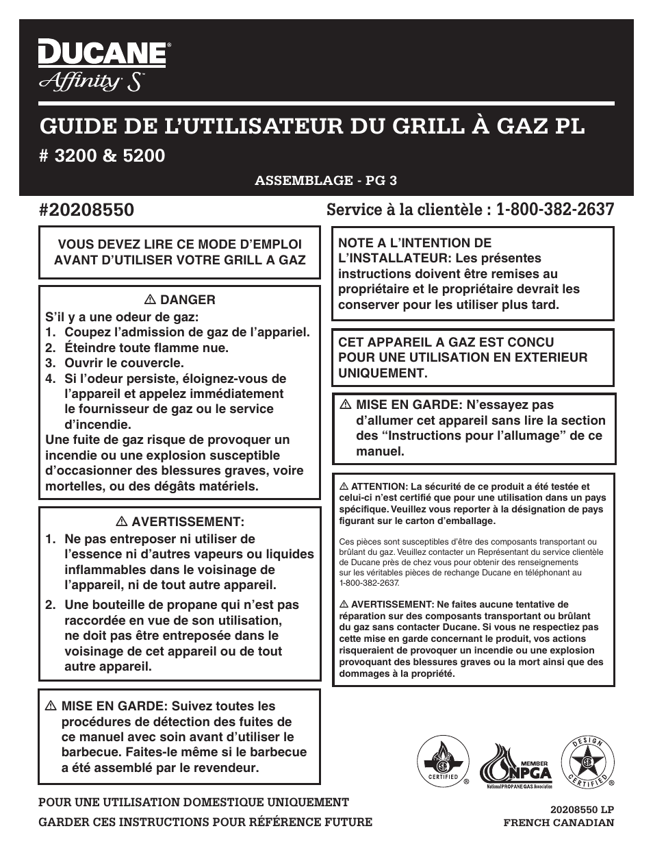Guide de l’utilisateur du grill à gaz pl, Service à la clientèle | Ducane LP Gass Grill 3200 User Manual | Page 39 / 56