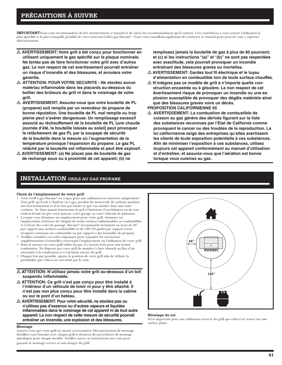 Précautions à suivre installation installation | Ducane LP Gass Grill 3200 User Manual | Page 41 / 56
