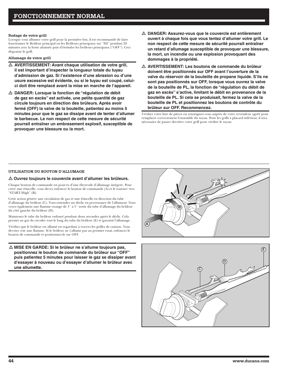 Fonctionnement, Fonctionnement normal normal | Ducane LP Gass Grill 3200 User Manual | Page 44 / 56