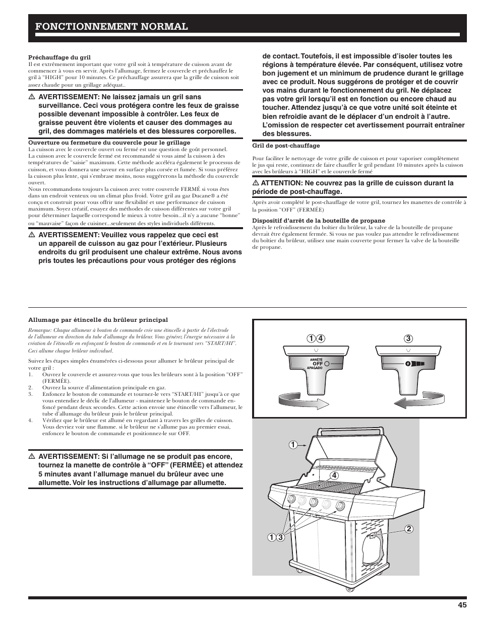 Fonctionnement, Fonctionnement normal normal | Ducane LP Gass Grill 3200 User Manual | Page 45 / 56
