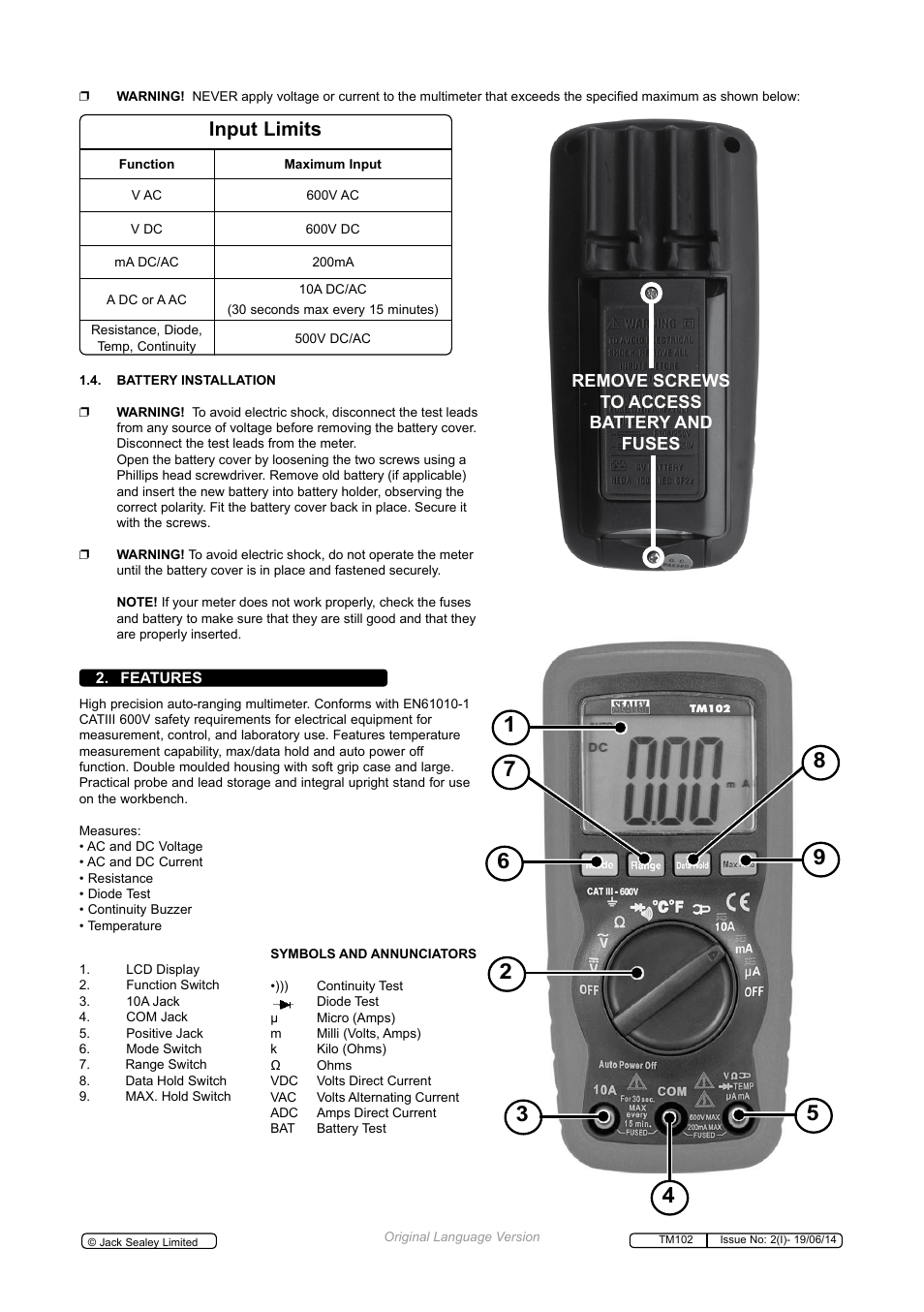 Input limits, Remove screws to access battery and fuses | Sealey TM102 User Manual | Page 2 / 7