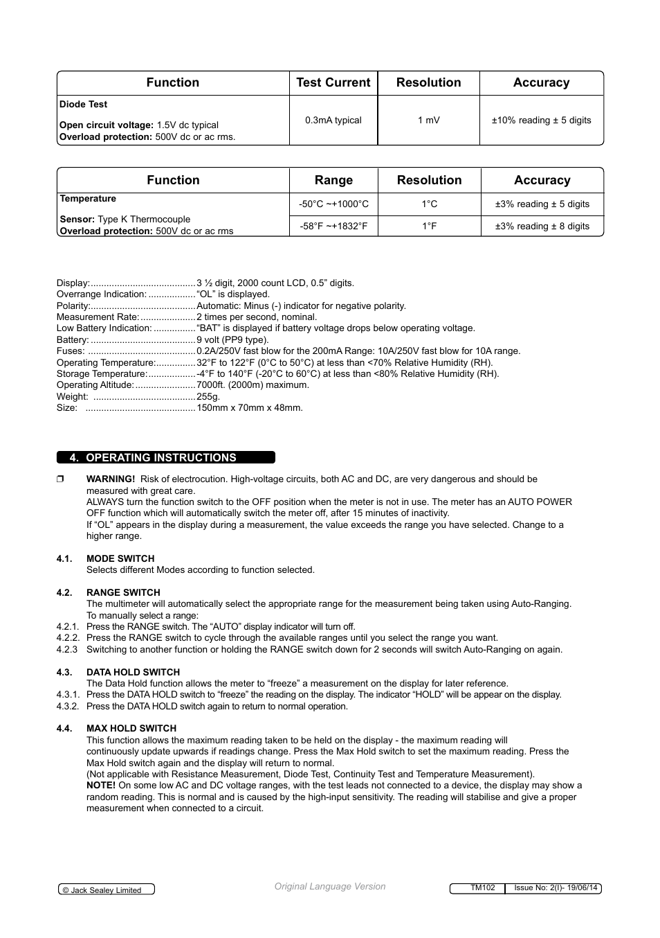 Function range resolution accuracy, Function test current resolution accuracy | Sealey TM102 User Manual | Page 4 / 7