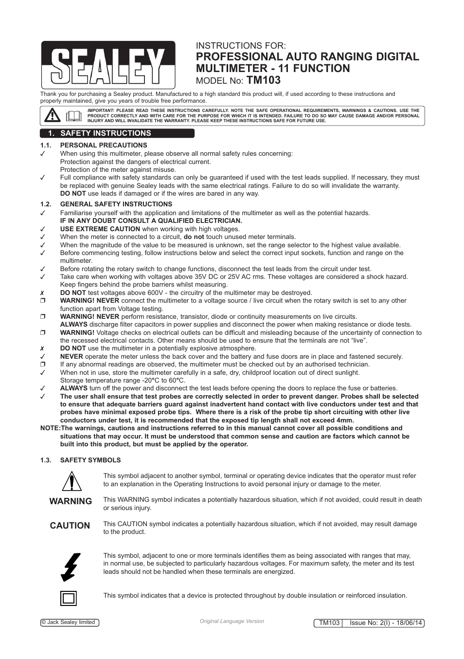 Sealey TM103 User Manual | 8 pages