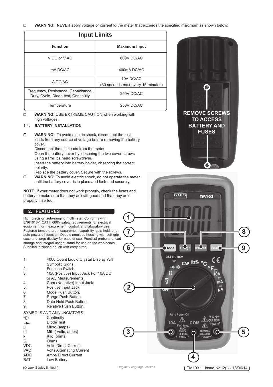 Input limits, Remove screws to access battery and fuses | Sealey TM103 User Manual | Page 2 / 8