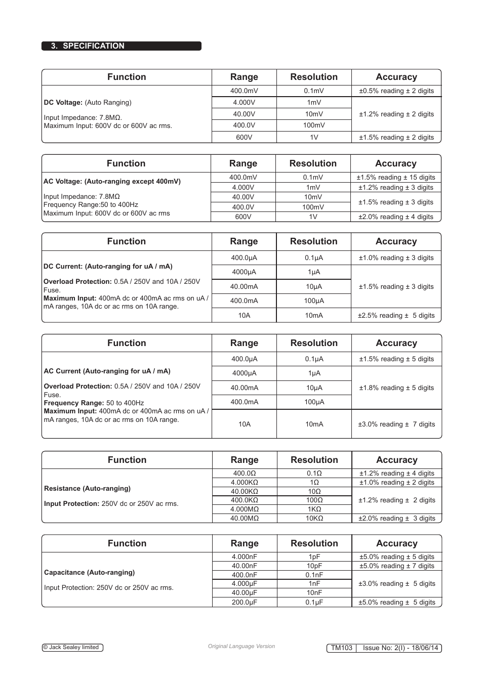 Function range resolution accuracy | Sealey TM103 User Manual | Page 3 / 8