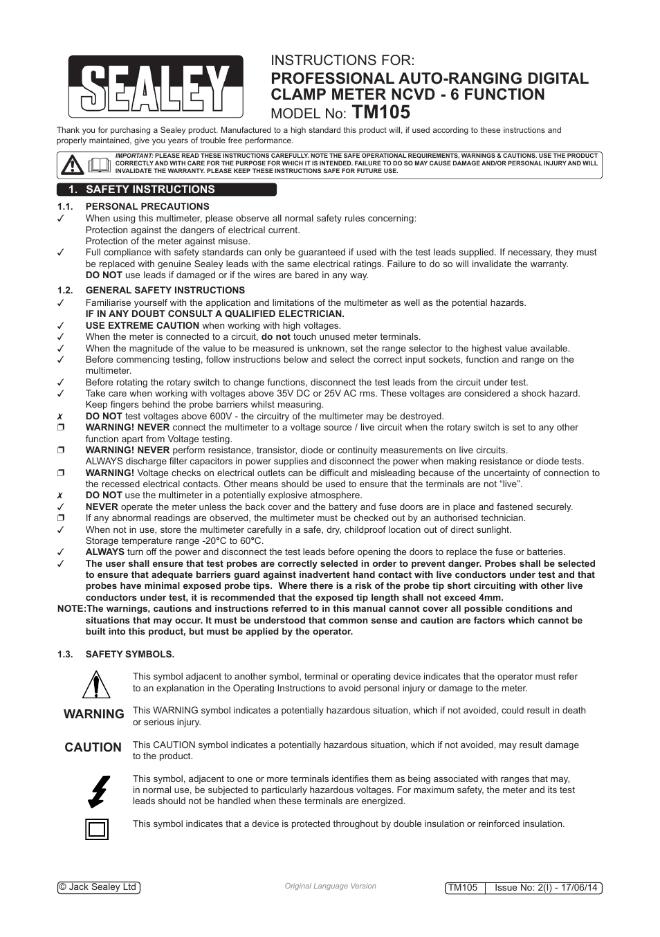 Sealey TM105 User Manual | 5 pages