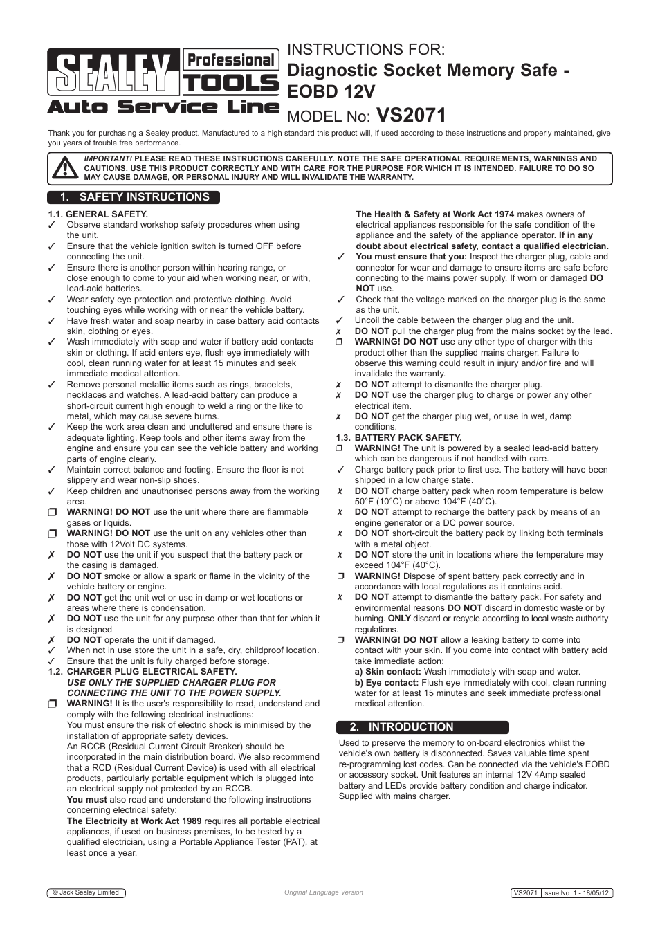 Sealey VS2071 User Manual | 2 pages