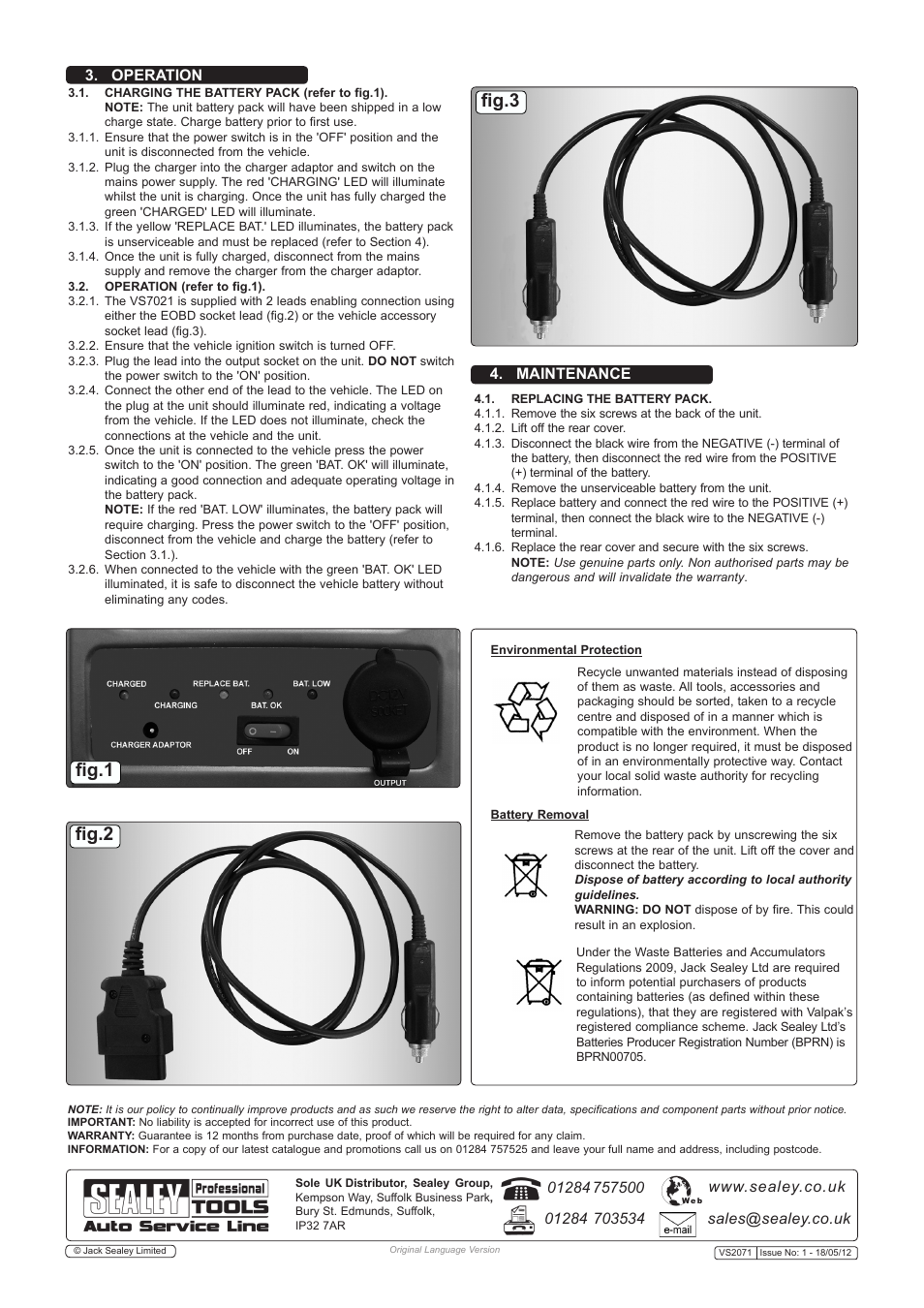 Fig.1 fig.2 fig.3, Operation, Maintenance | Sealey VS2071 User Manual | Page 2 / 2