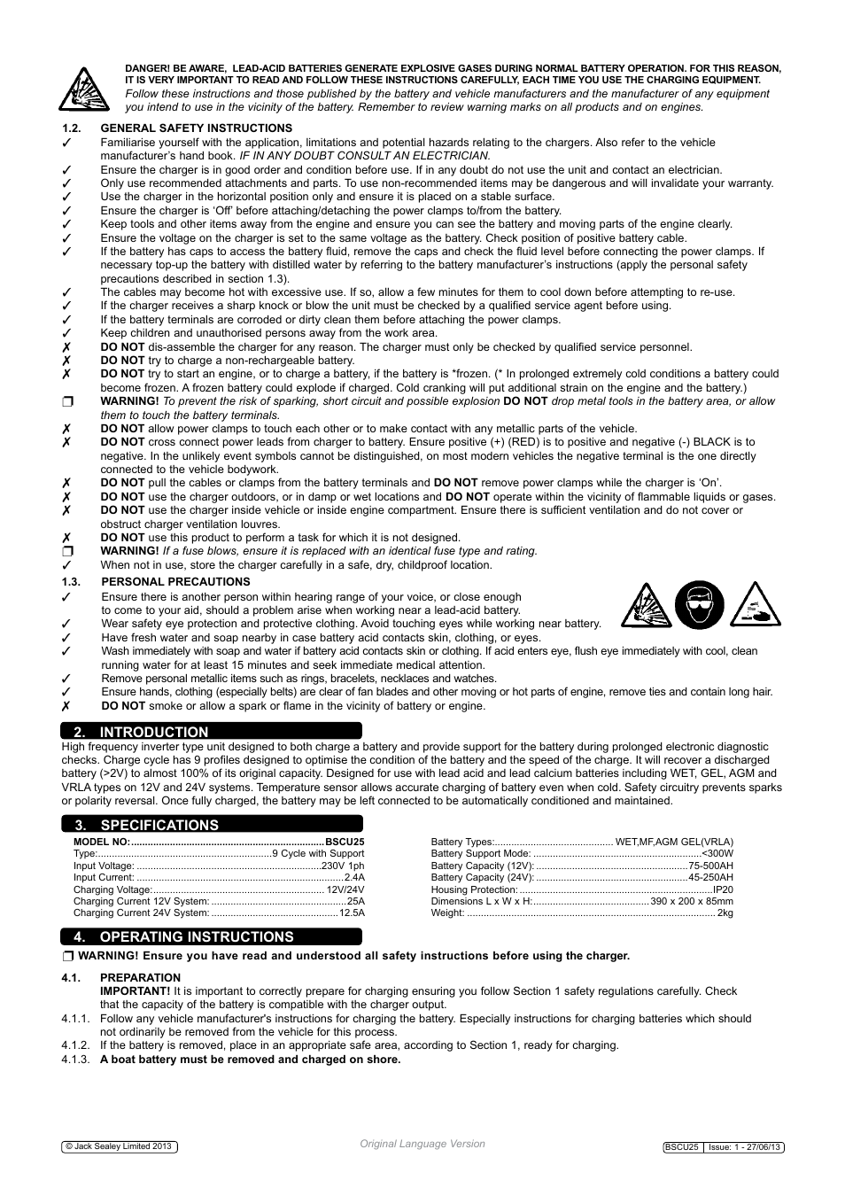 Specifications, Introduction, Operating instructions | Sealey BSCU25 User Manual | Page 2 / 5