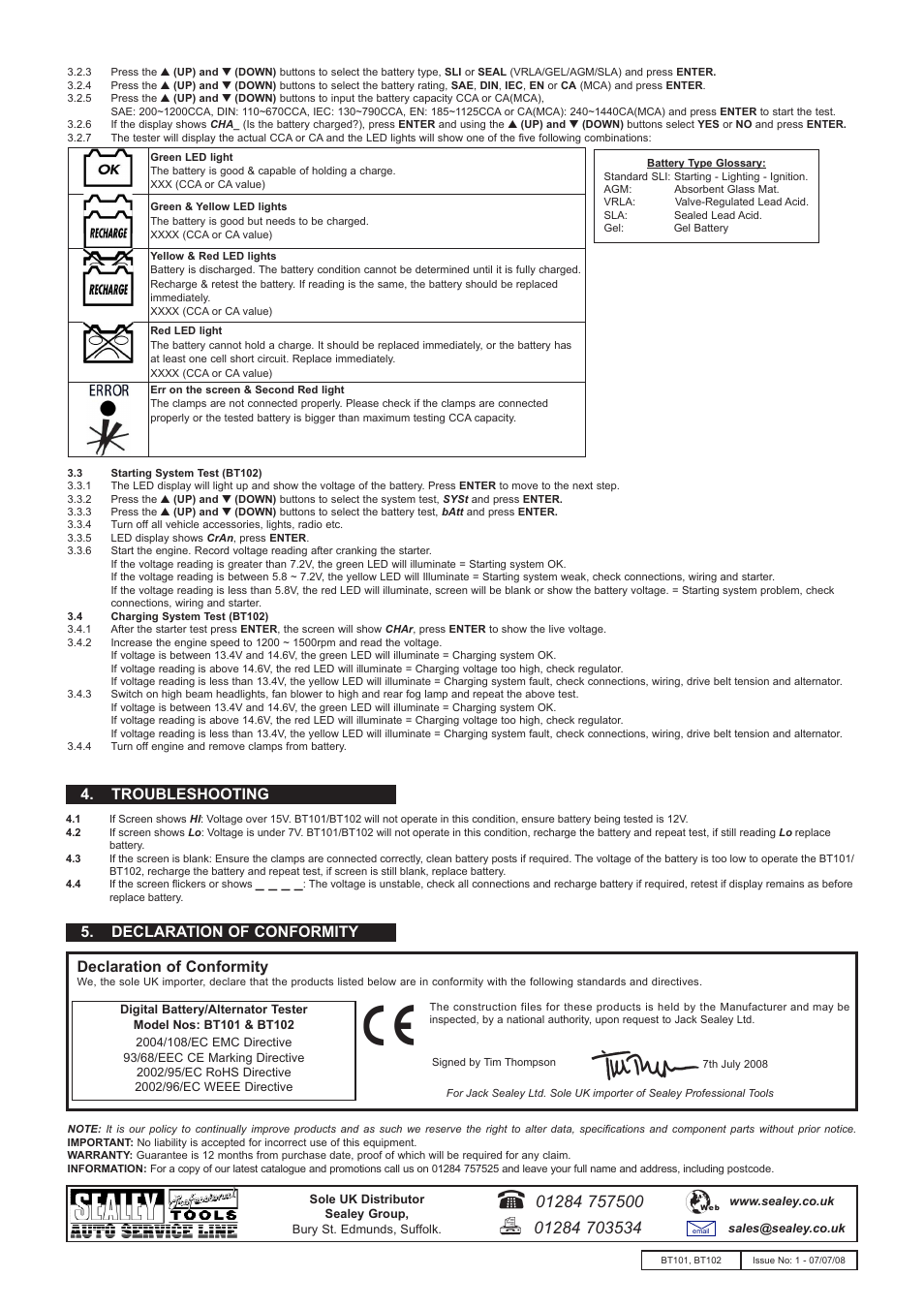 Declaration of conformity, Declaration of conformity 4. troubleshooting | Sealey BT101 User Manual | Page 2 / 2