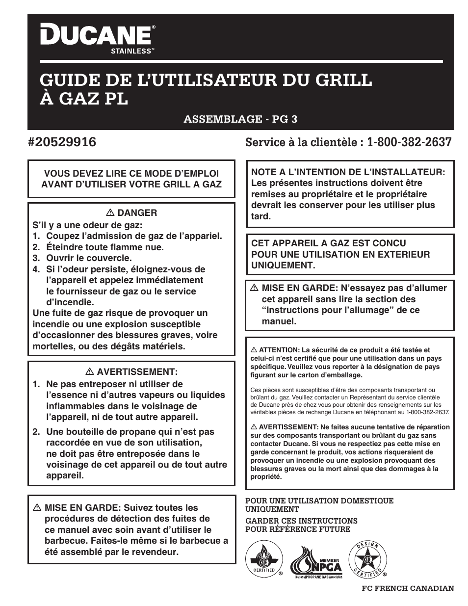 Guide de l’utilisateur du grill à gaz pl, Service à la clientèle | Ducane Gass Grill 20529916 User Manual | Page 41 / 60