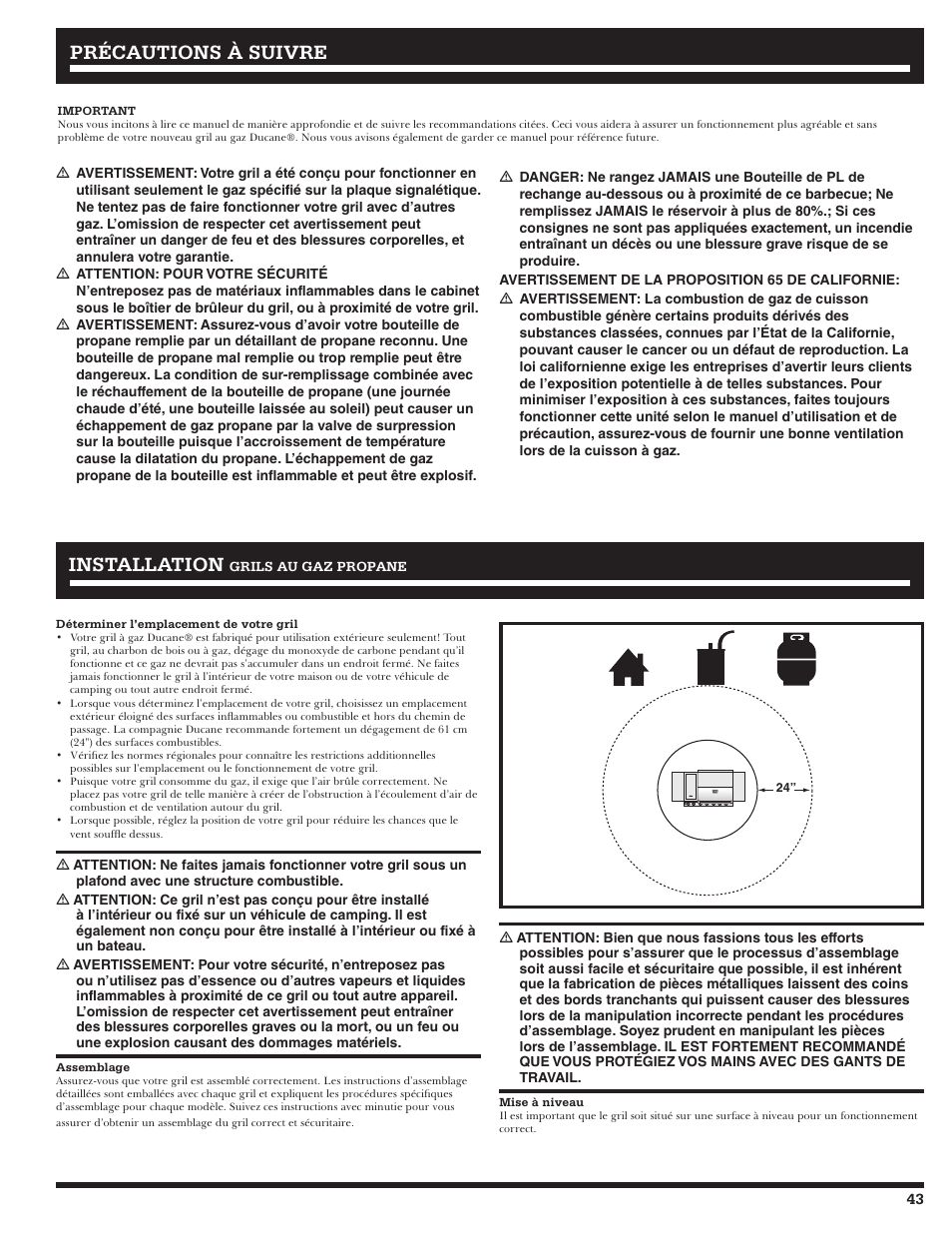 Précautions à suivre installation installation | Ducane Gass Grill 20529916 User Manual | Page 43 / 60