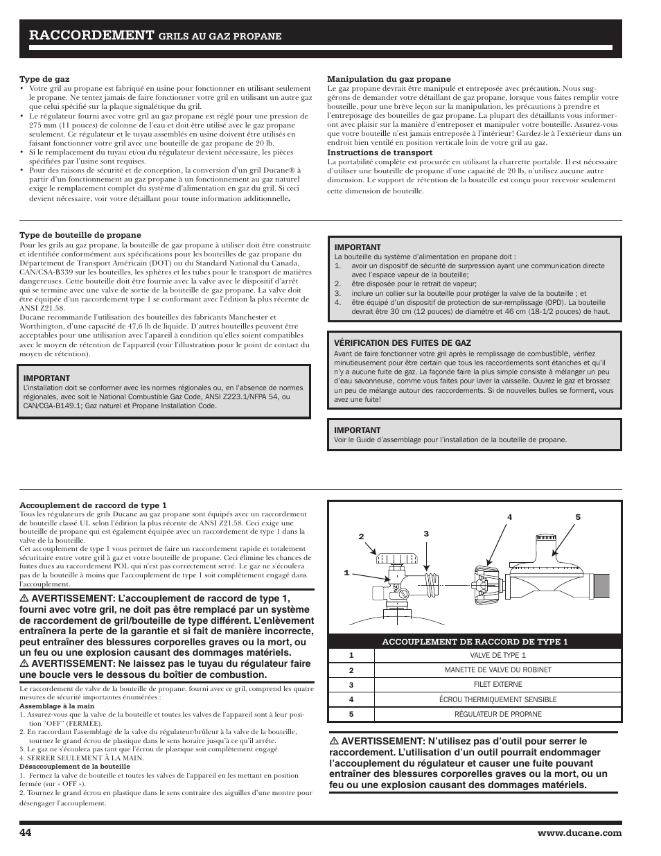 Rraccordement accordement | Ducane Gass Grill 20529916 User Manual | Page 44 / 60