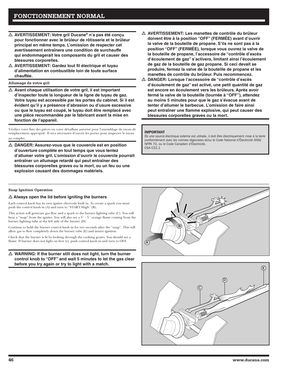 Fonctionnement, Fonctionnement normal normal | Ducane Gass Grill 20529916 User Manual | Page 46 / 60