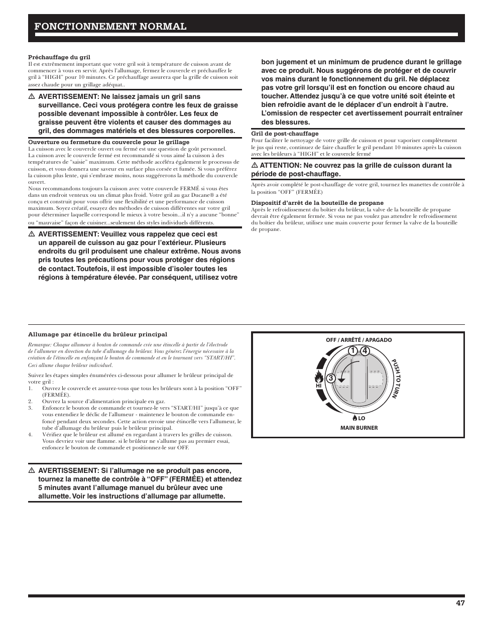 Fonctionnement, Fonctionnement normal normal | Ducane Gass Grill 20529916 User Manual | Page 47 / 60