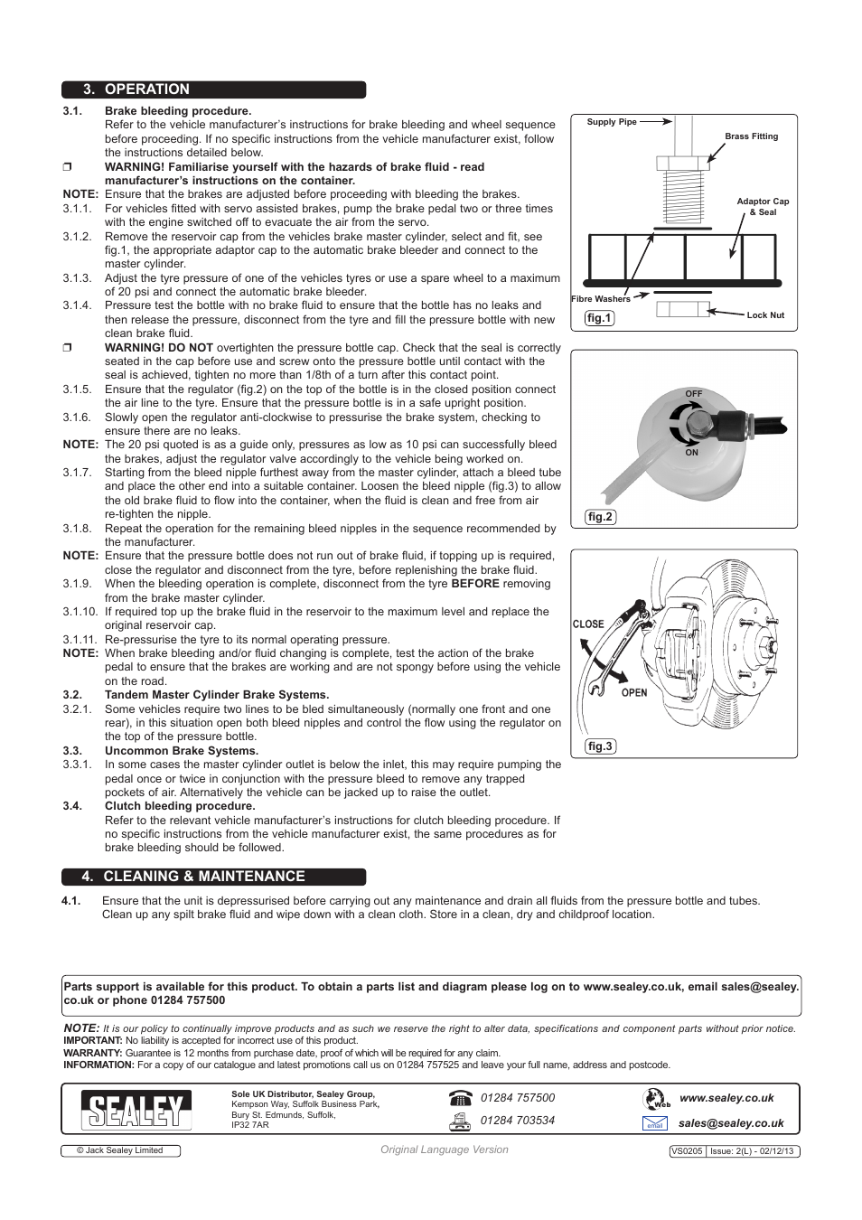 Operation 4. cleaning & maintenance | Sealey VS0205 User Manual | Page 2 / 2