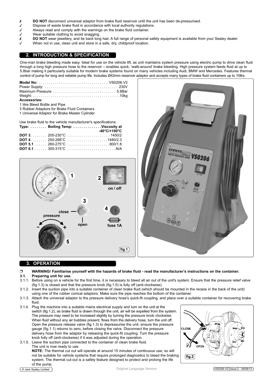 Operation, Introduction & specification | Sealey VS0206 User Manual | Page 2 / 3