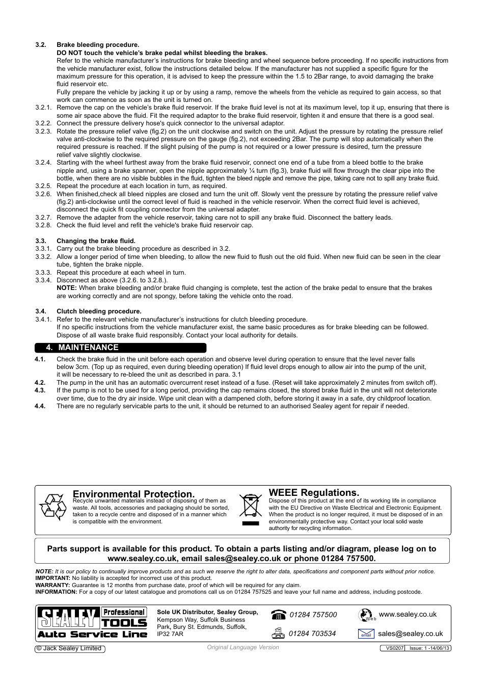 Environmental protection, Weee regulations, Maintenance | Sealey VS0207 User Manual | Page 3 / 3