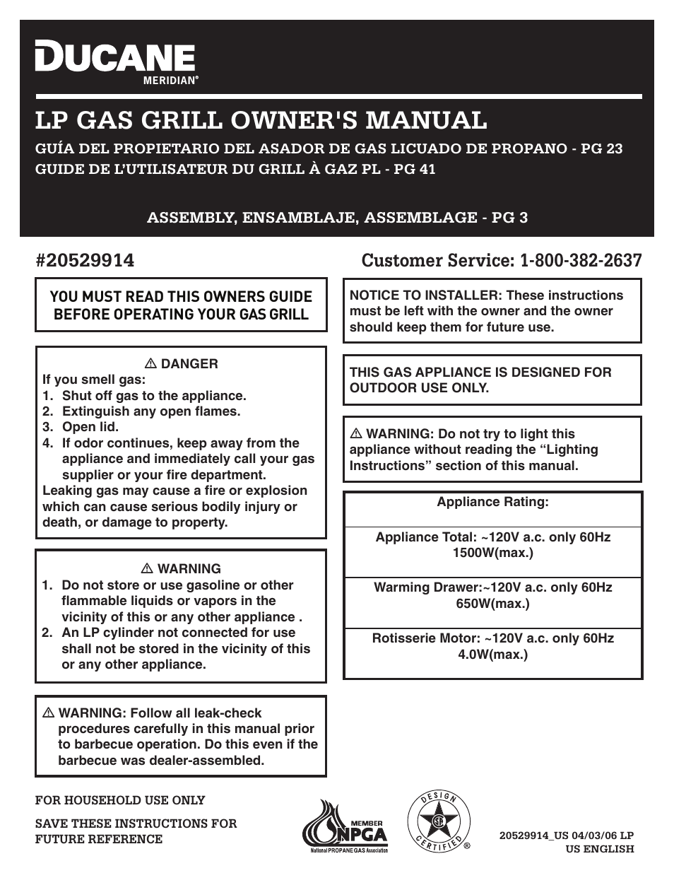 Ducane Meridian LP Gass Grill 20529914 User Manual | 60 pages