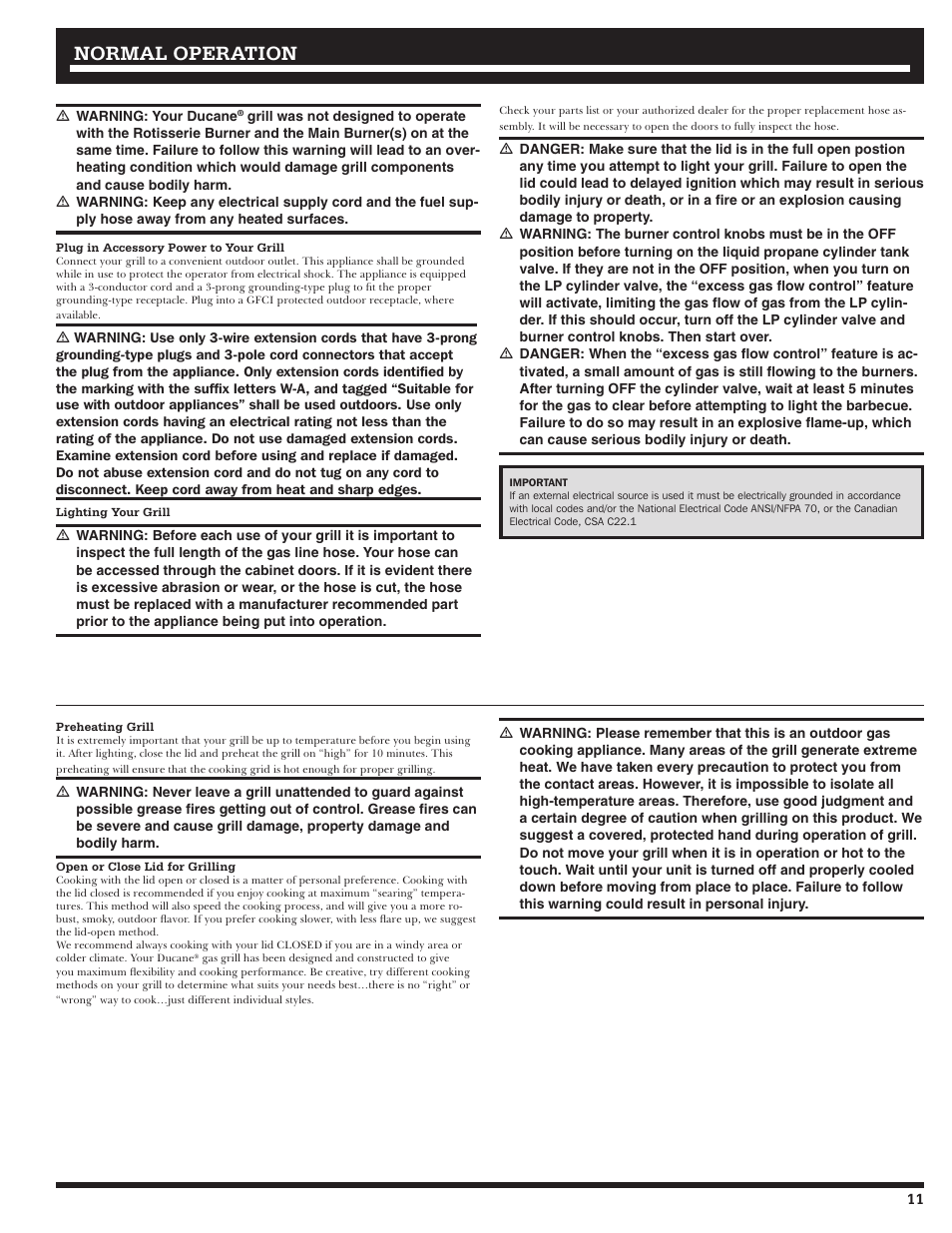 Normal operation | Ducane Meridian LP Gass Grill 20529914 User Manual | Page 11 / 60