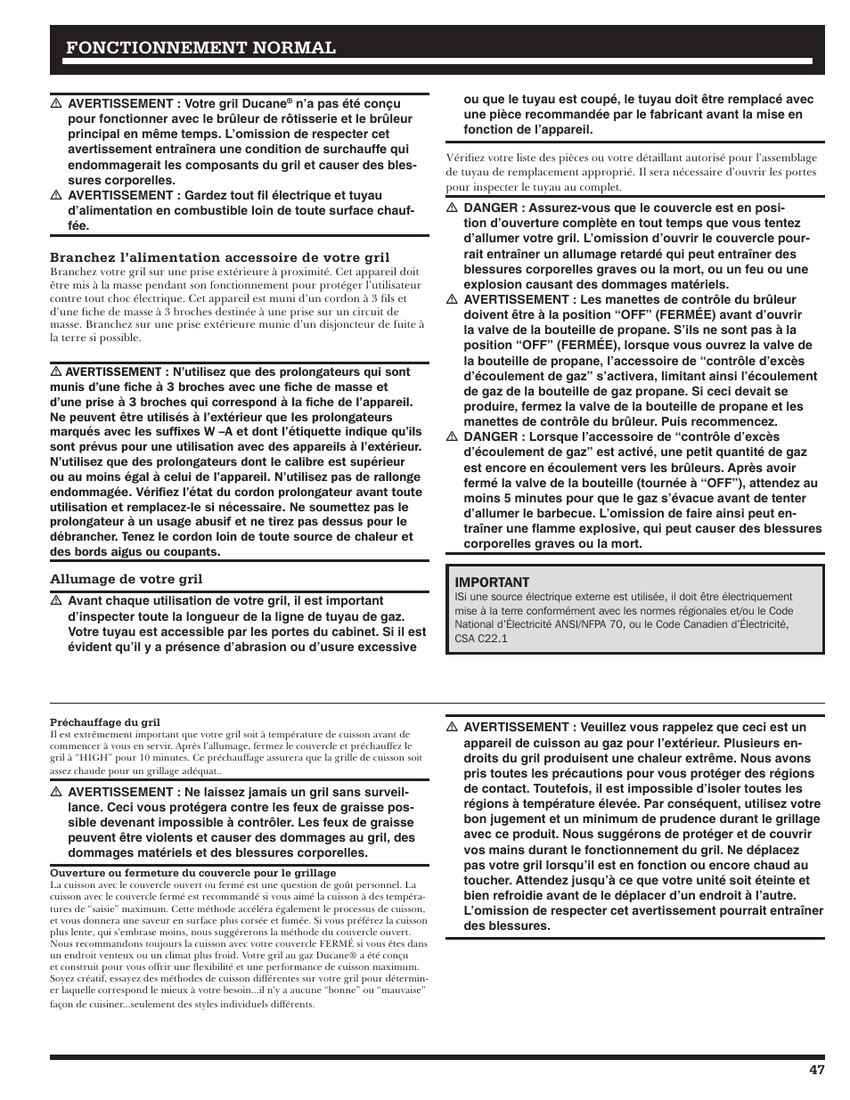 Fonctionnement normal | Ducane Meridian LP Gass Grill 20529914 User Manual | Page 47 / 60