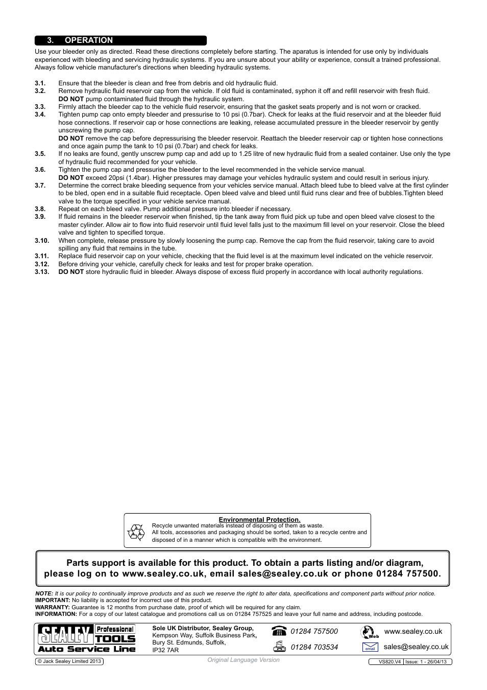 Operation | Sealey VS820 User Manual | Page 2 / 2