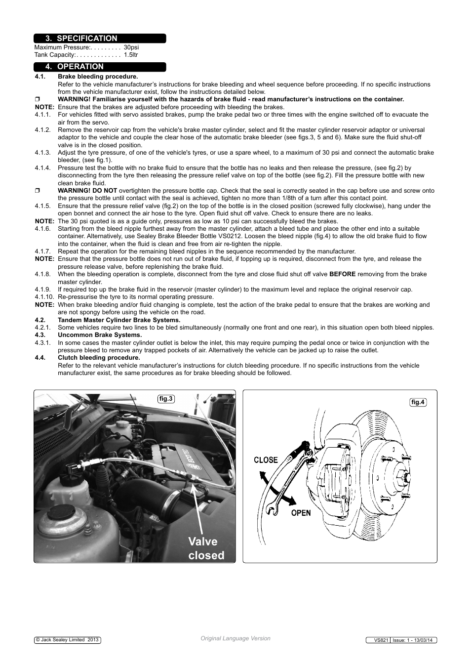 Operation 3. specification | Sealey VS821 User Manual | Page 2 / 3