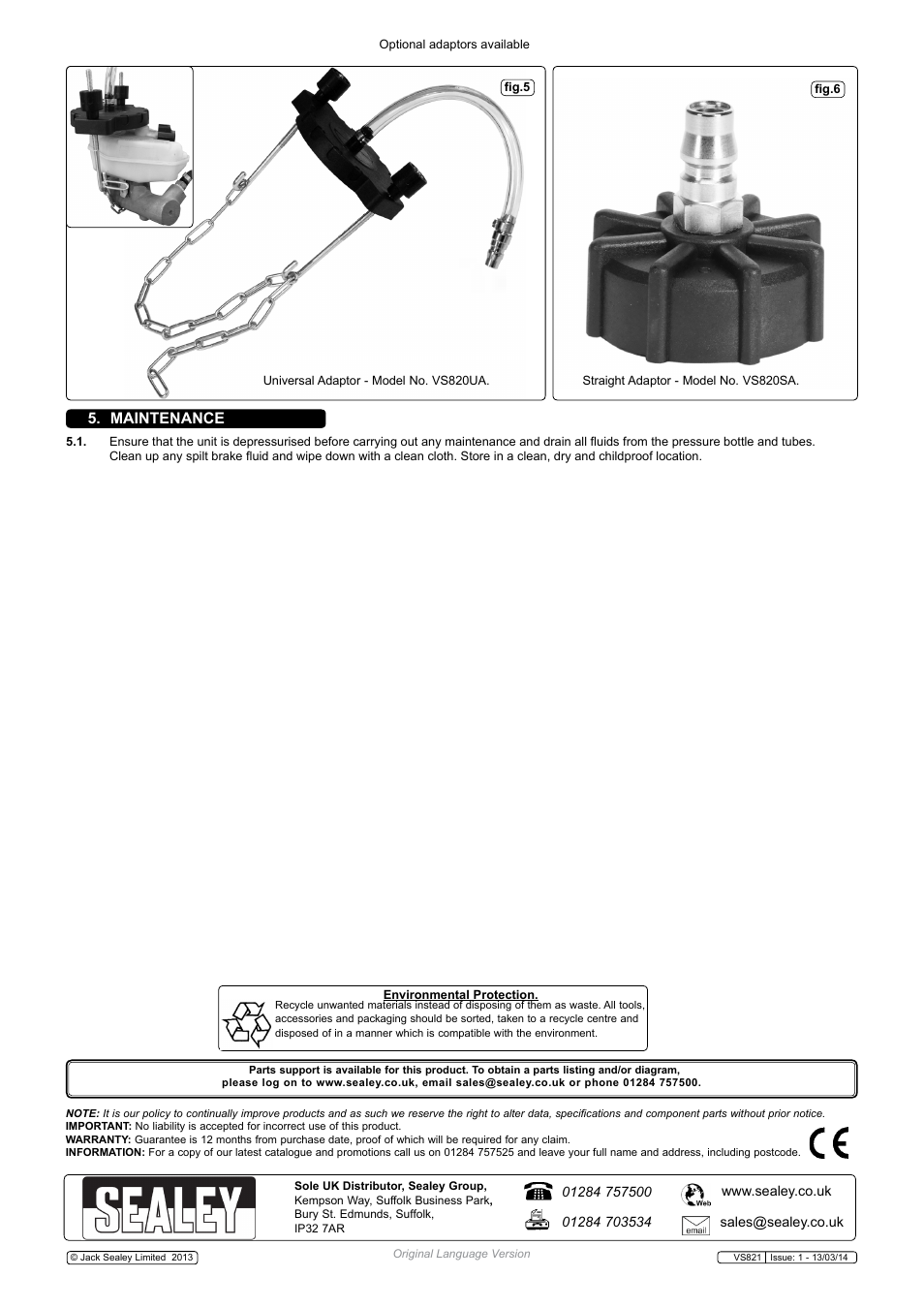 Maintenance | Sealey VS821 User Manual | Page 3 / 3