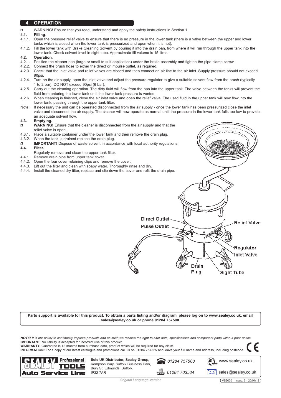 Operation | Sealey VS2000 User Manual | Page 2 / 2