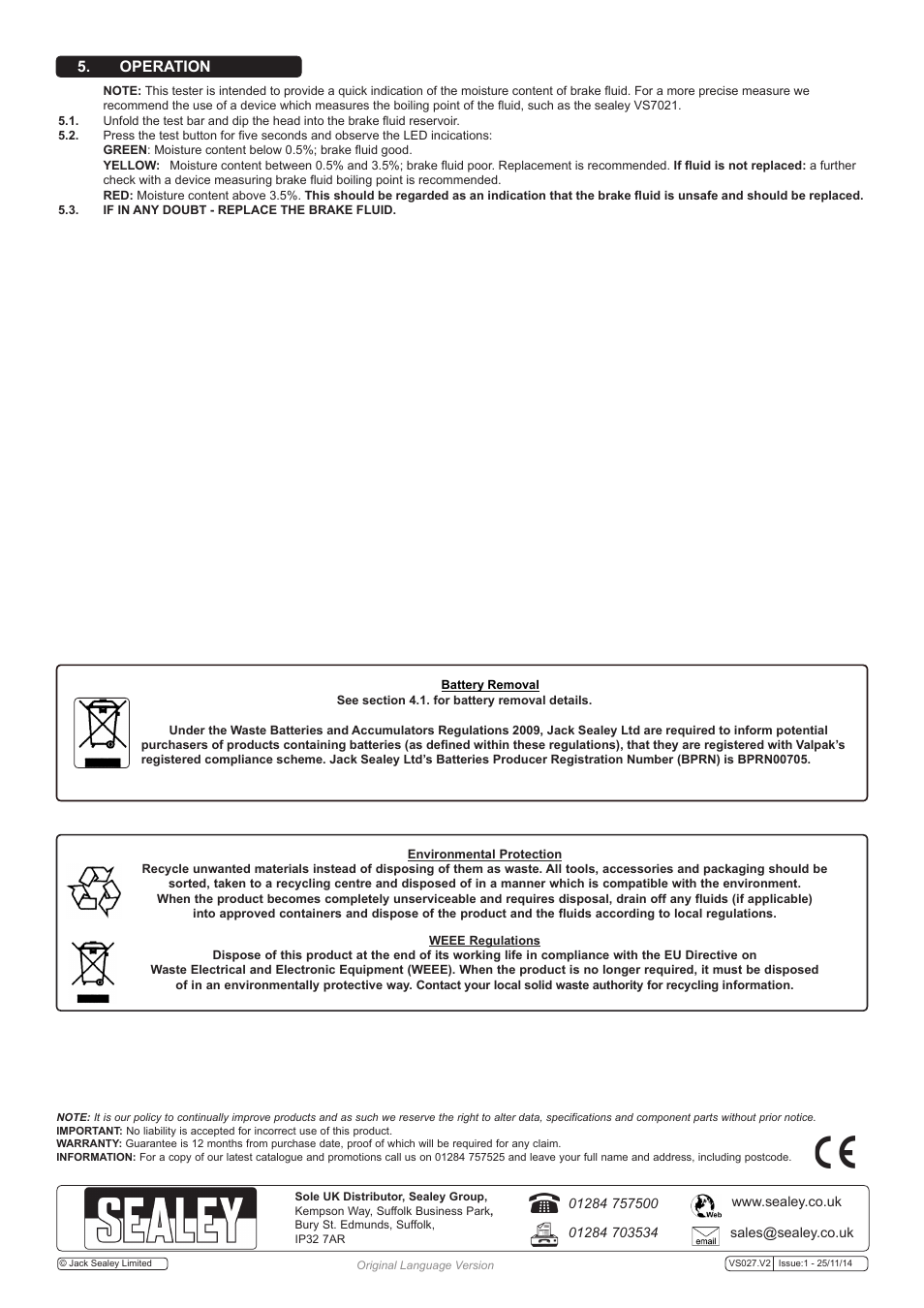 Operation | Sealey VS027 User Manual | Page 2 / 2