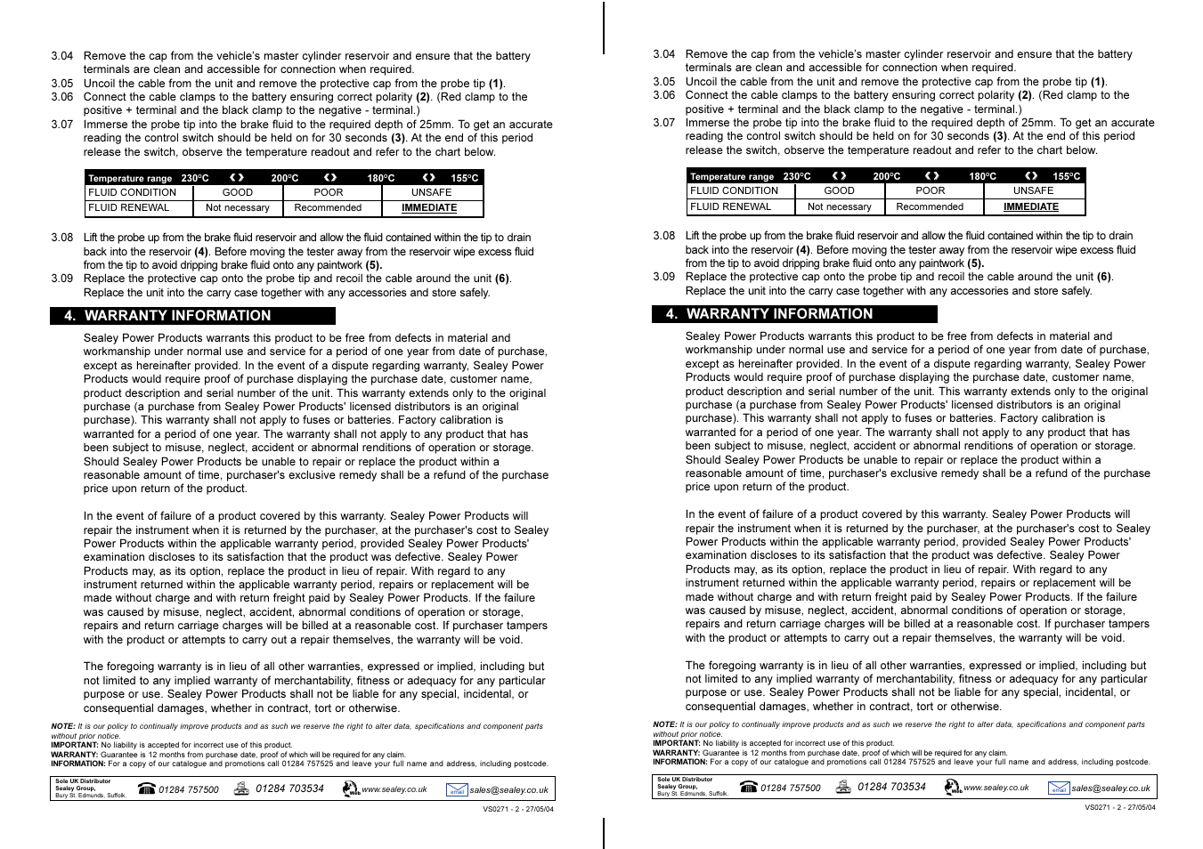 Warranty information | Sealey VS0271 User Manual | Page 2 / 2