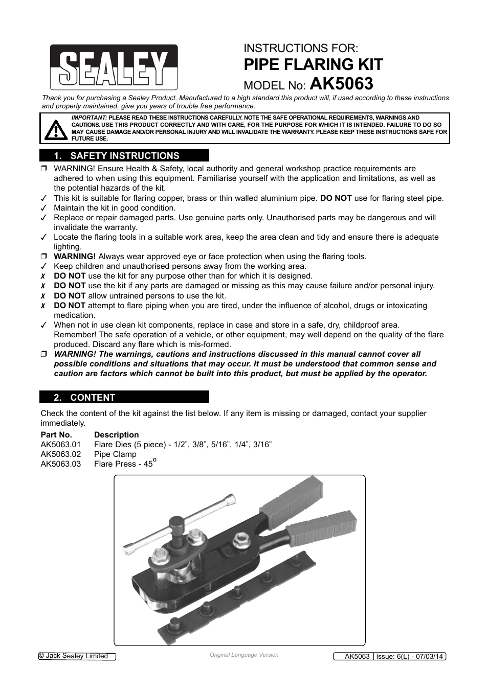 Sealey AK5063 User Manual | 2 pages