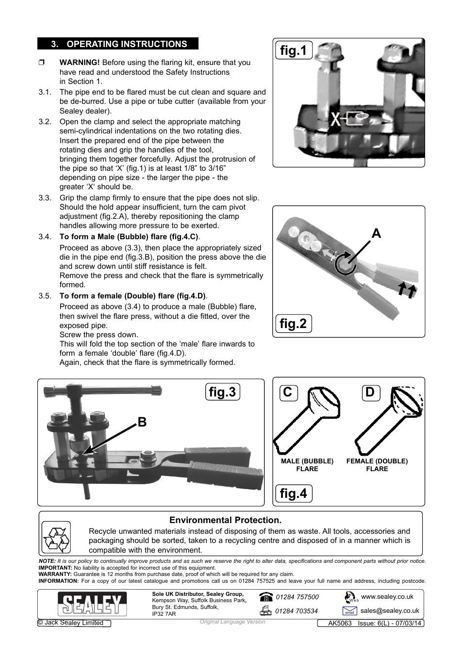 Ak5063, Pipe flaring kit, Fig.3 b | Fig.4 c d fig.2 a fig.1, Instructions for, Model no | Sealey AK5063 User Manual | Page 2 / 2