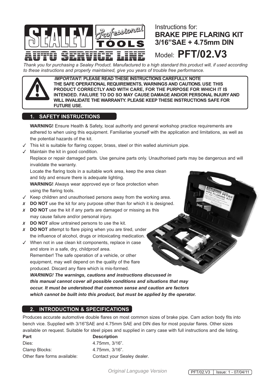 Pft/02.v3, Instructions for, Model | Sealey PFT/02 User Manual | Page 2 / 3