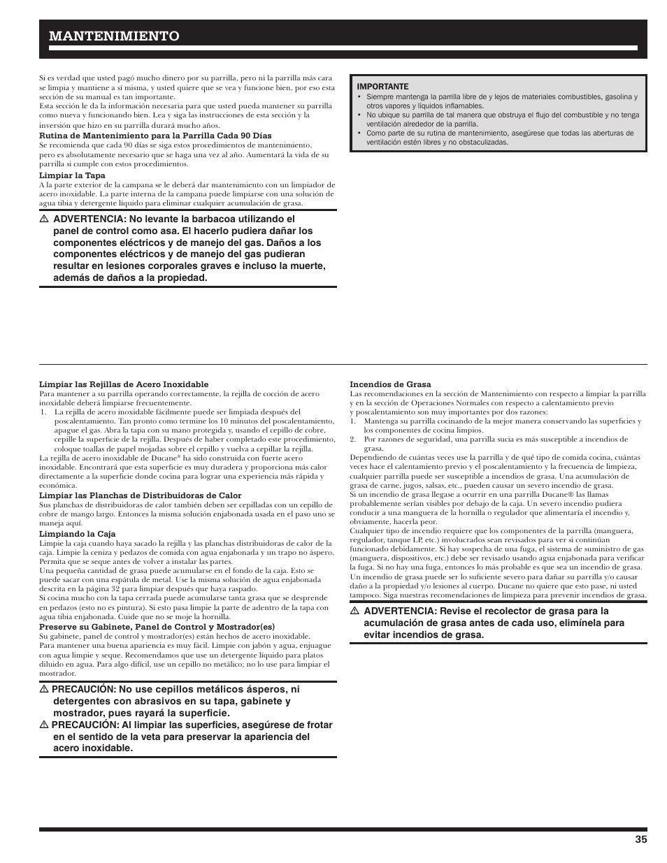 Mantenimiento | Ducane 20529917 User Manual | Page 35 / 56