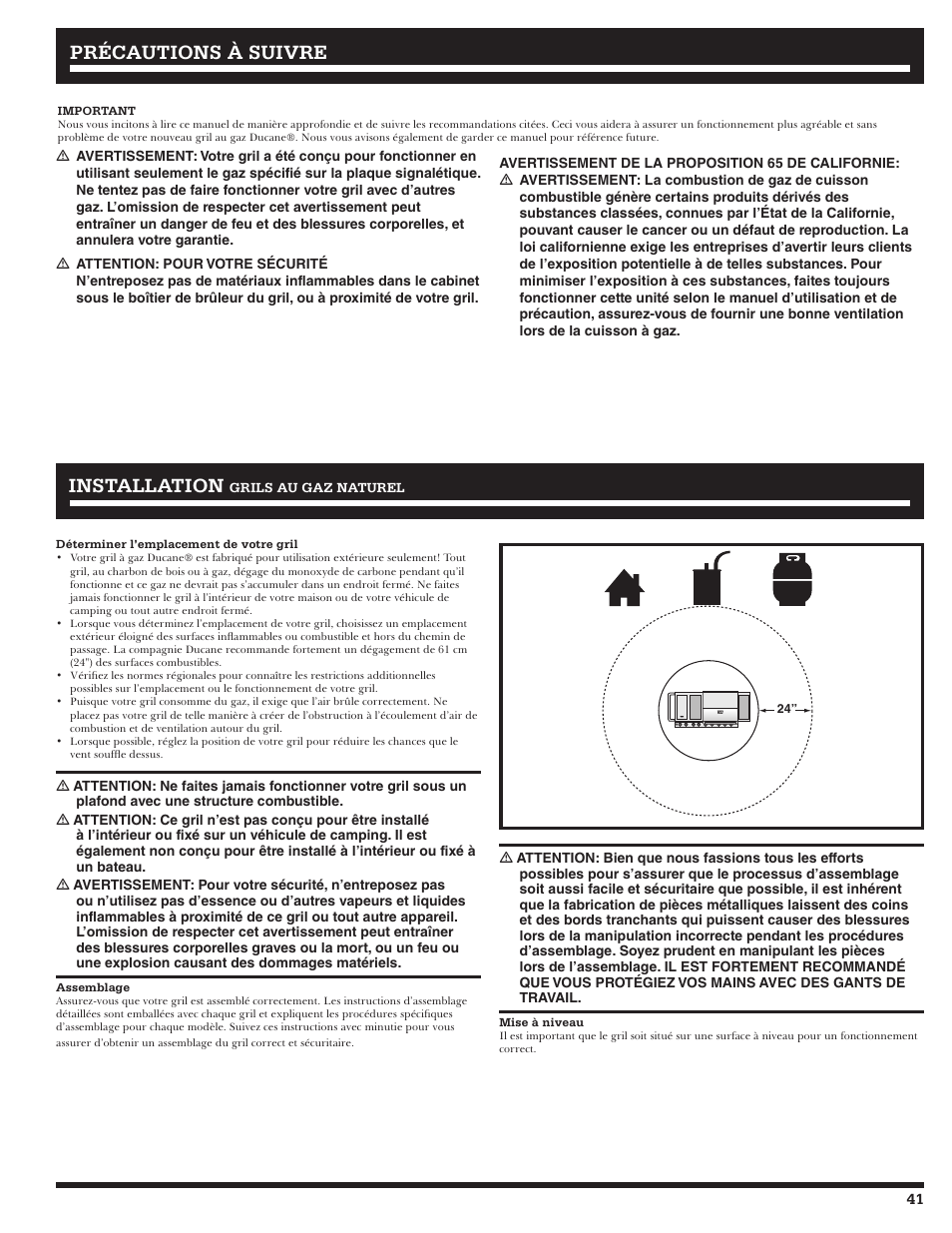 Précautions à suivre installation installation | Ducane 20529917 User Manual | Page 41 / 56