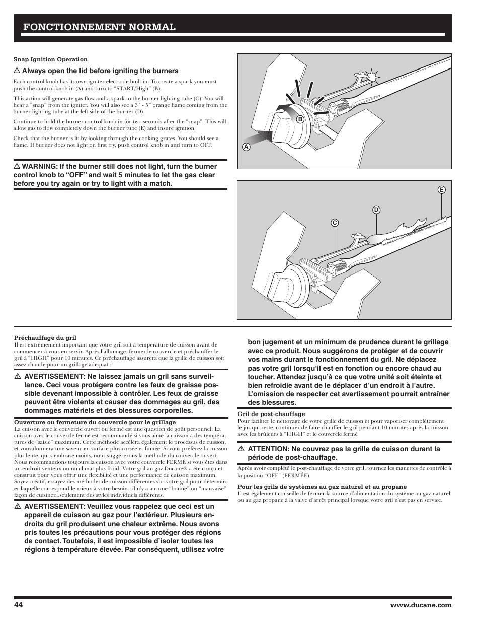 Fonctionnement, Fonctionnement normal normal | Ducane 20529917 User Manual | Page 44 / 56