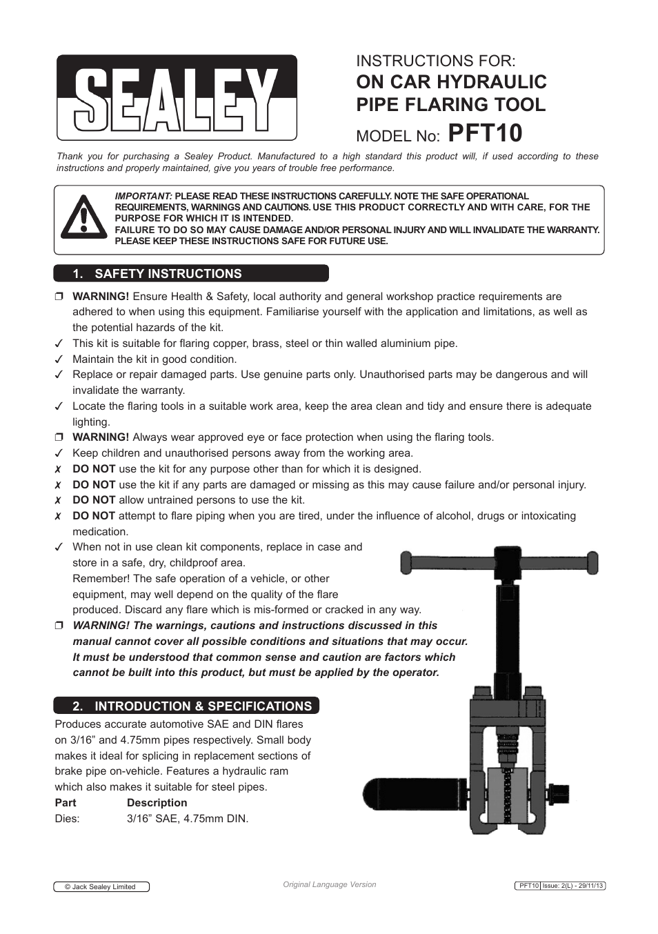 Sealey PFT10 User Manual | 3 pages