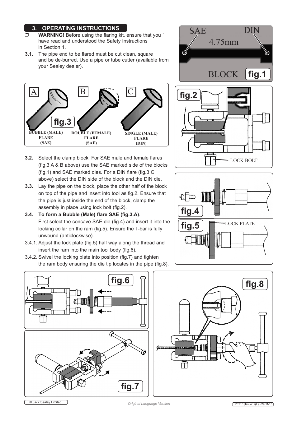 75mm block sae din fig.1 fig.8, Fig.7 fig.6 fig.5 fig.4, Ac b | Fig.3, Fig.2 | Sealey PFT10 User Manual | Page 2 / 3