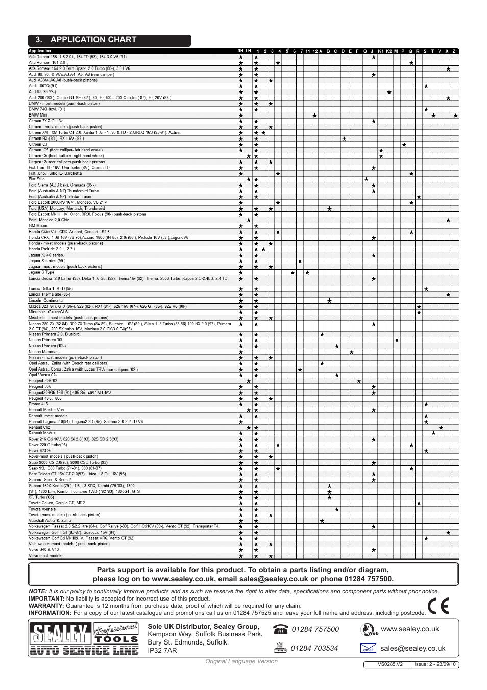 Application chart | Sealey VS0285 User Manual | Page 2 / 2