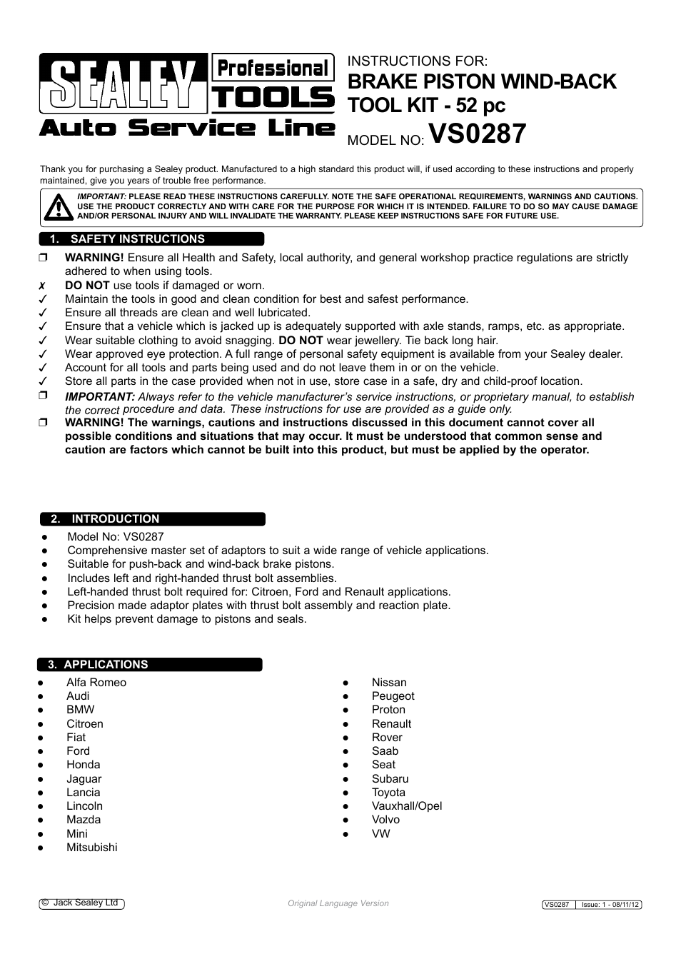 Sealey VS0287 User Manual | 2 pages