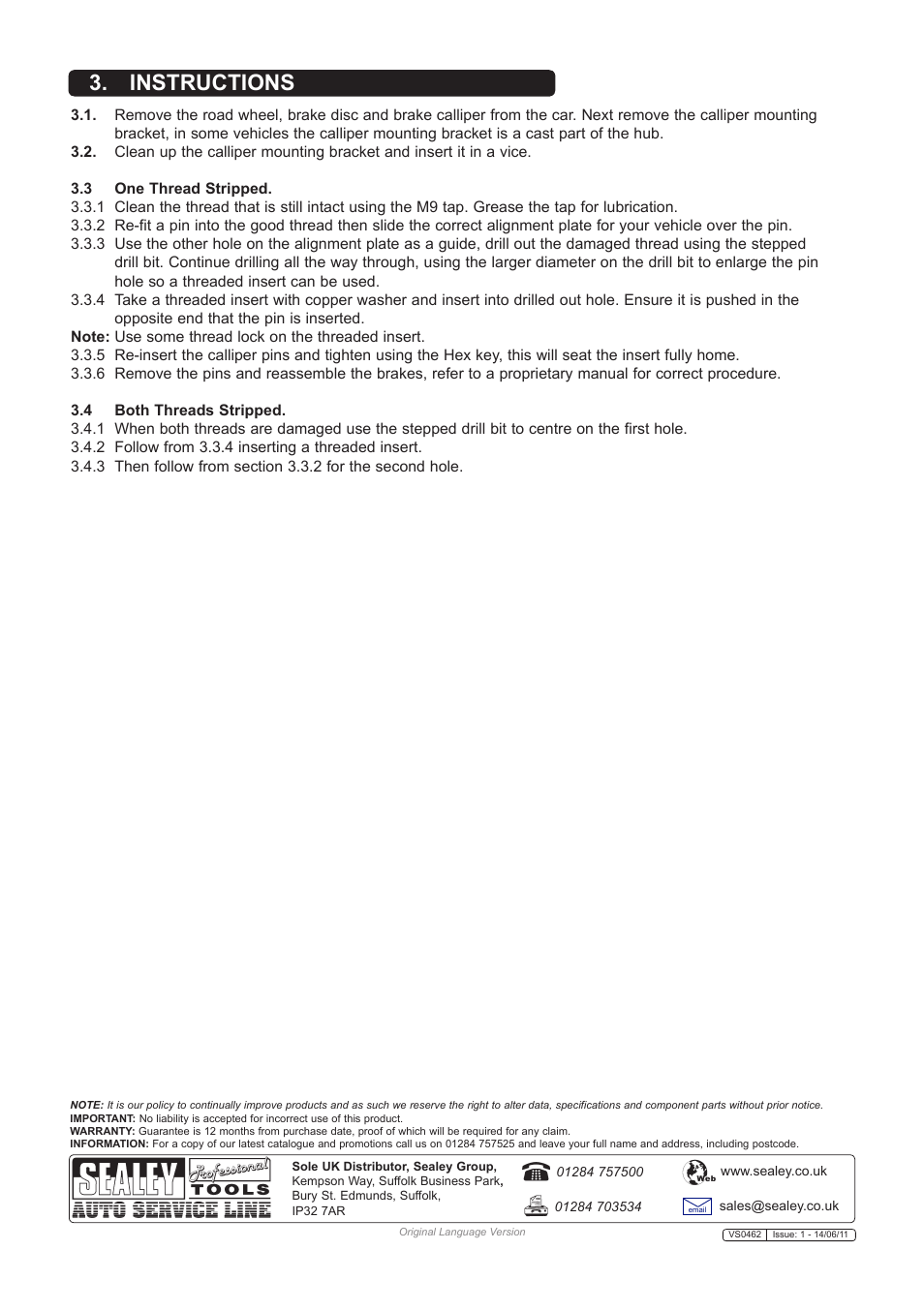 Instructions | Sealey VS0462 User Manual | Page 2 / 2