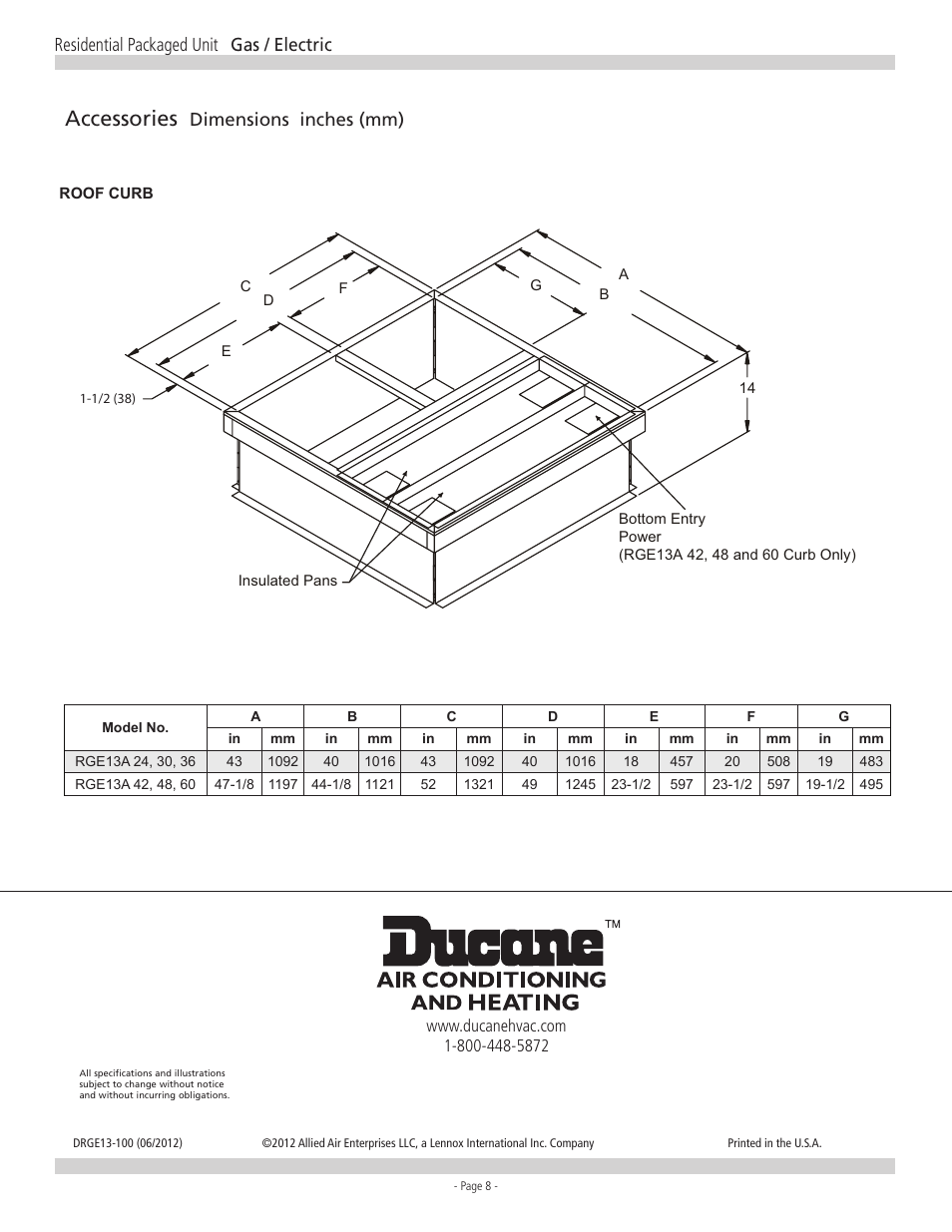 Accessories, Residential packaged unit gas / electric, Dimensions inches (mm) | Ducane RGE13 User Manual | Page 8 / 8