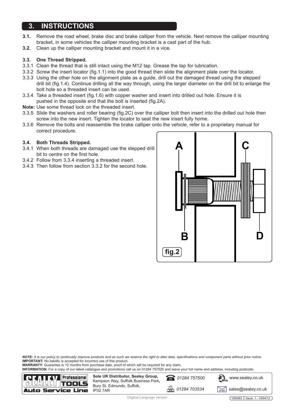 Instructions, Fig.2 | Sealey VS0463 User Manual | Page 2 / 2