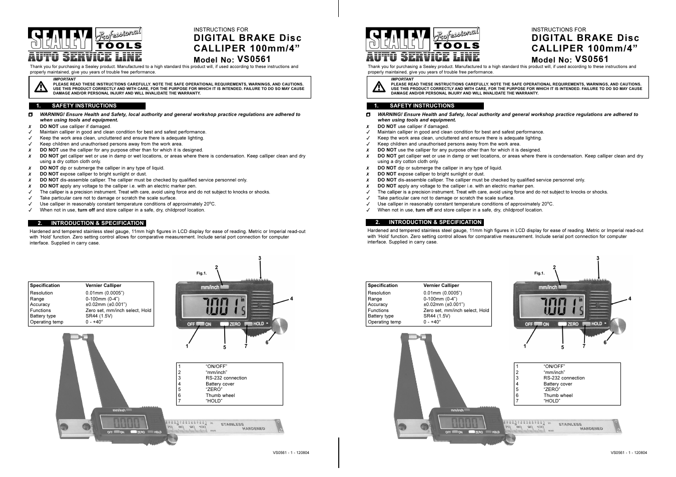 Sealey VS0561 User Manual | 2 pages